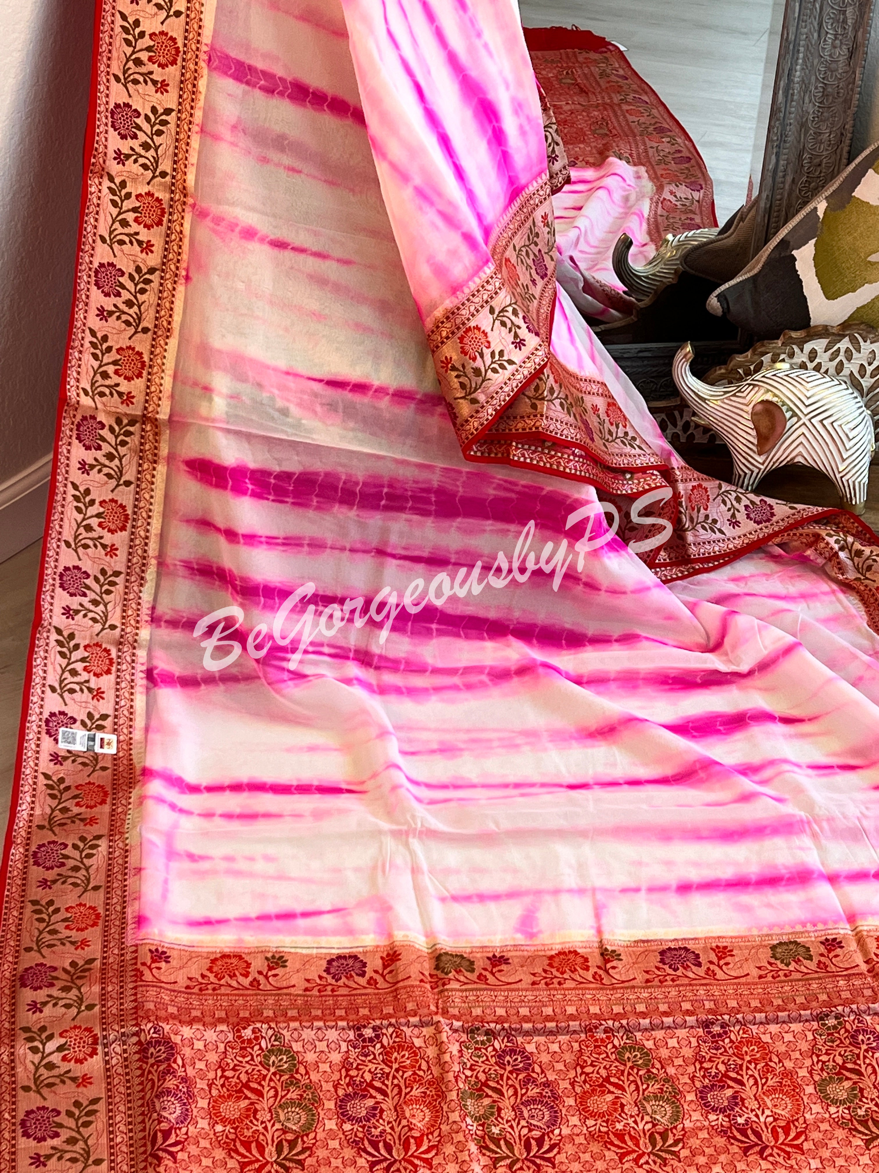 Banarasi Georgette silk shibori dyed gold zari weaved saree with stitched blouse pink