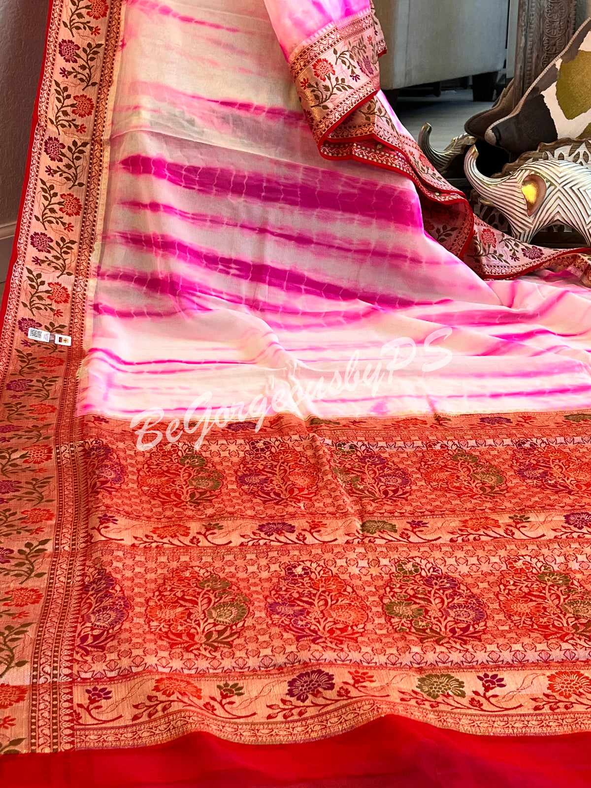 Banarasi Georgette silk shibori dyed gold zari weaved saree with stitched blouse pink