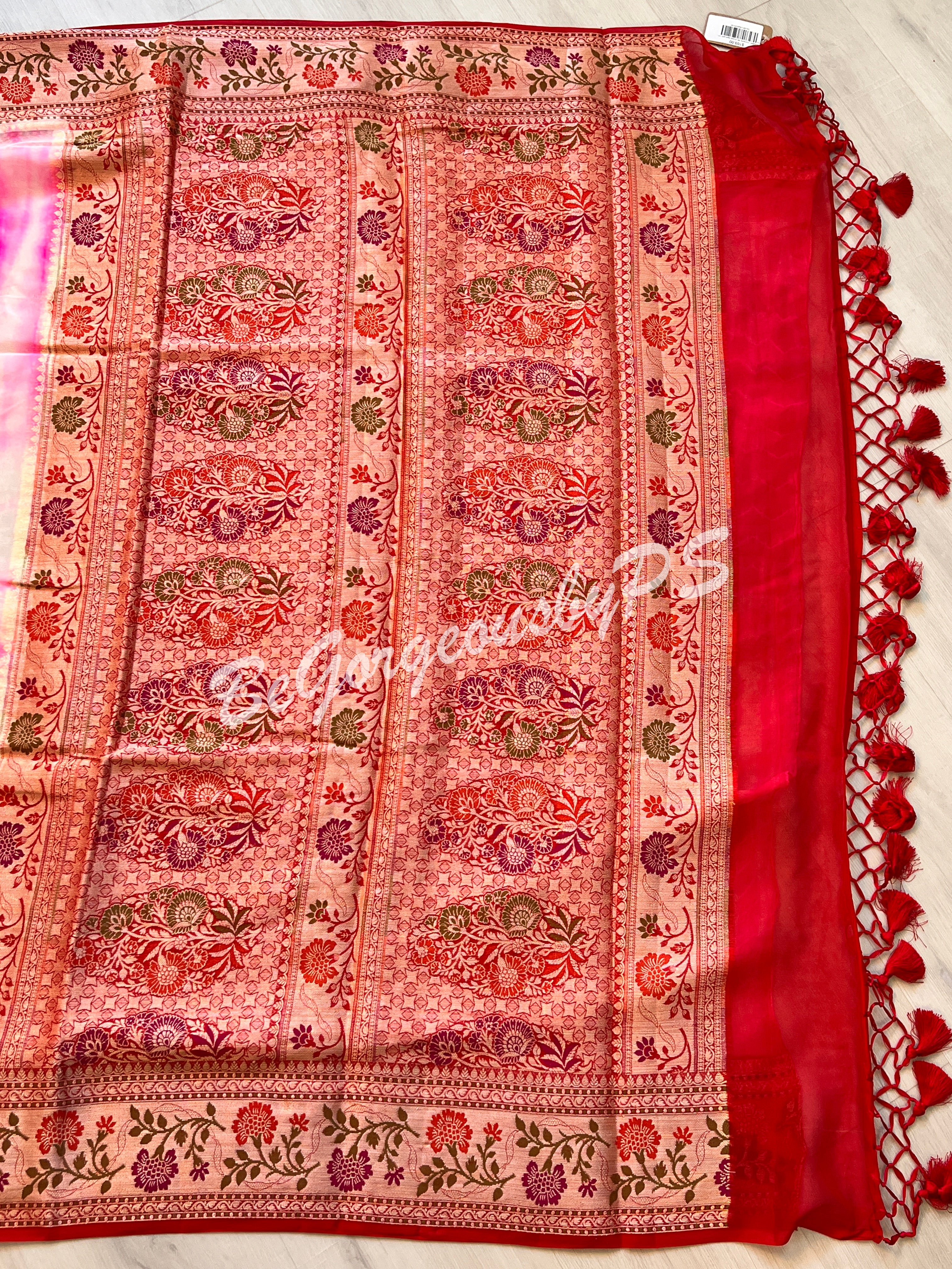 Banarasi Georgette silk shibori dyed gold zari weaved saree with stitched blouse pink