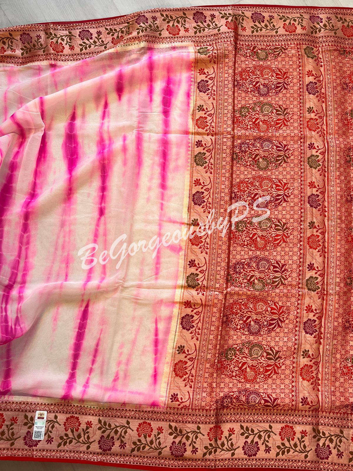 Banarasi Georgette silk shibori dyed gold zari weaved saree with stitched blouse pink