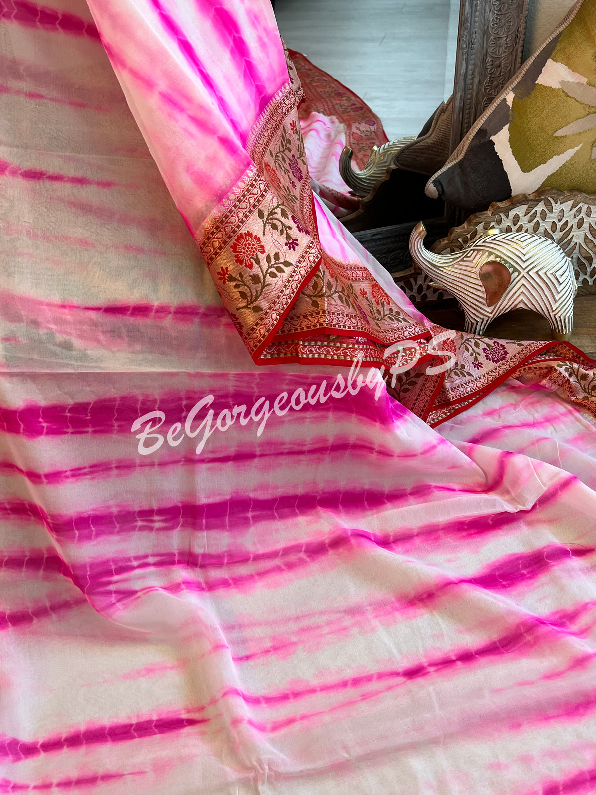 Banarasi Georgette silk shibori dyed gold zari weaved saree with stitched blouse pink