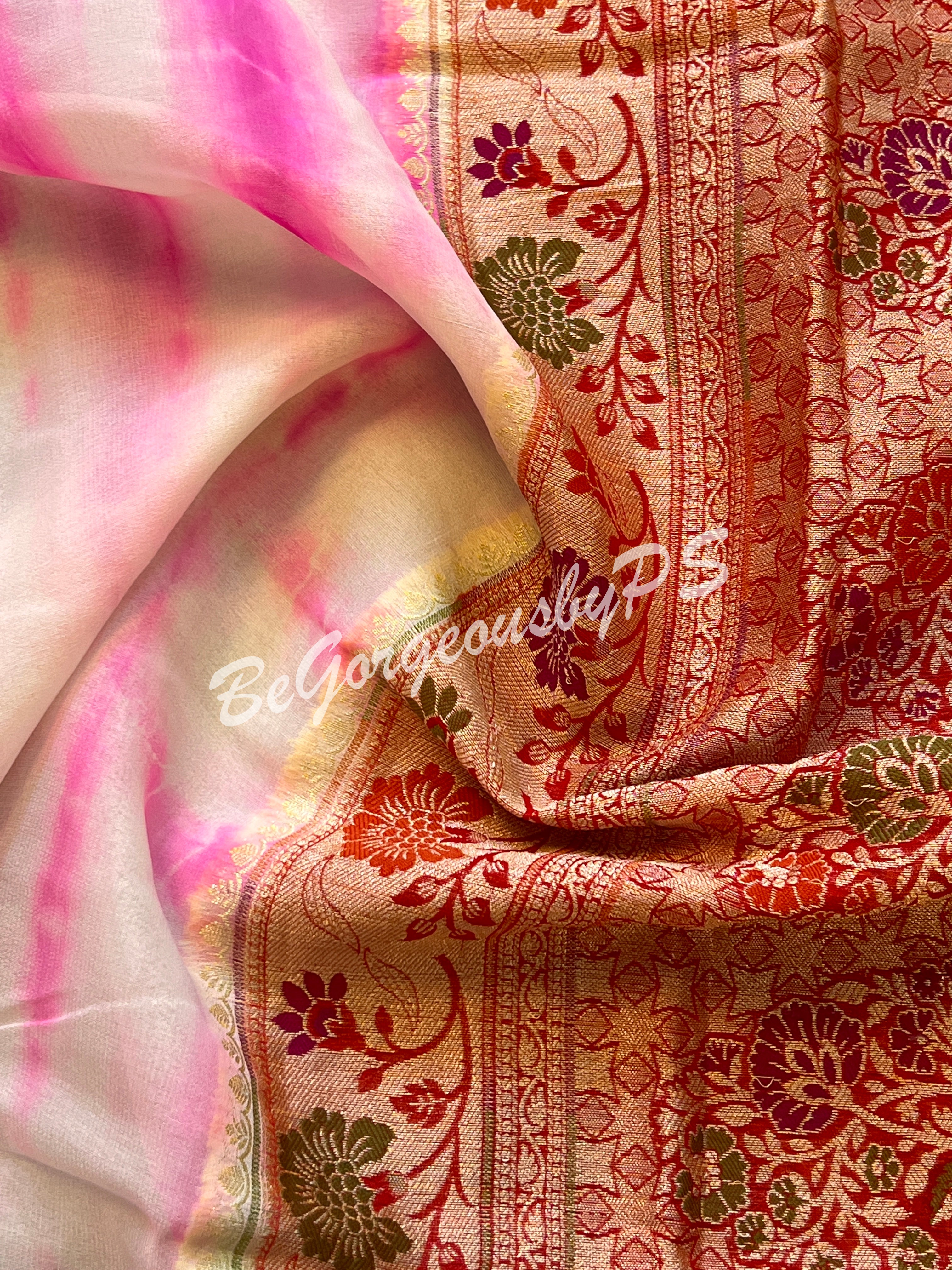 Banarasi Georgette silk shibori dyed gold zari weaved saree with stitched blouse pink