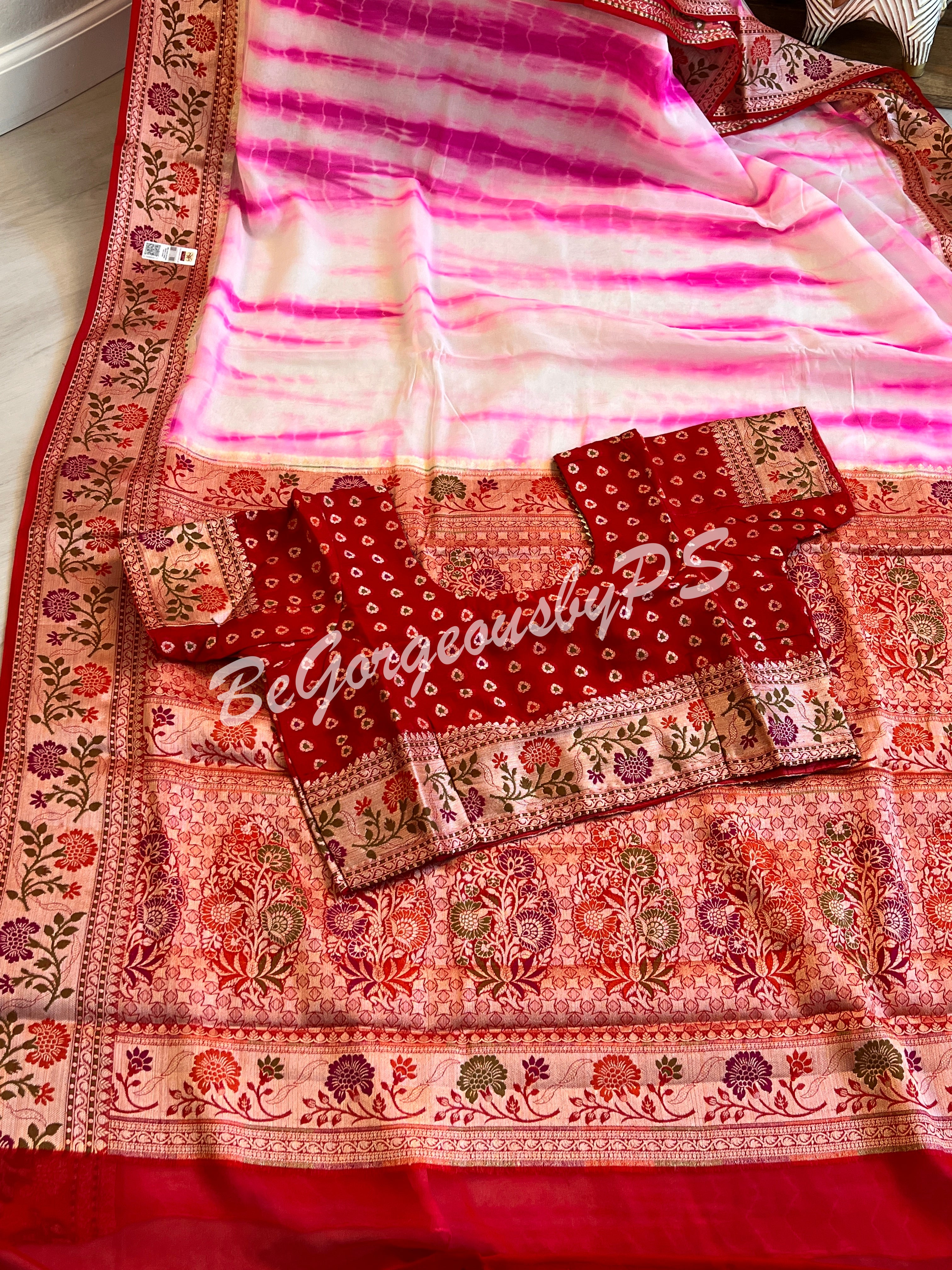 Banarasi Georgette silk shibori dyed gold zari weaved saree with stitched blouse pink