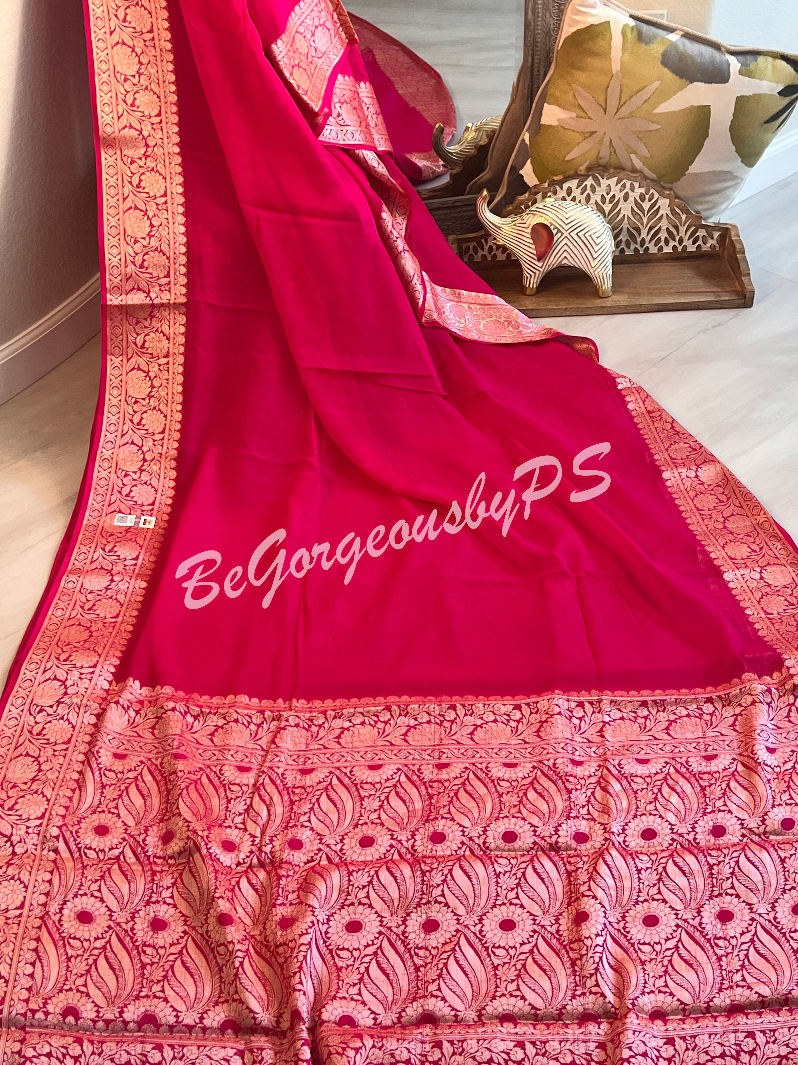 Banarasi Georgette silk plain body weaving pallu & stitched blouse pink