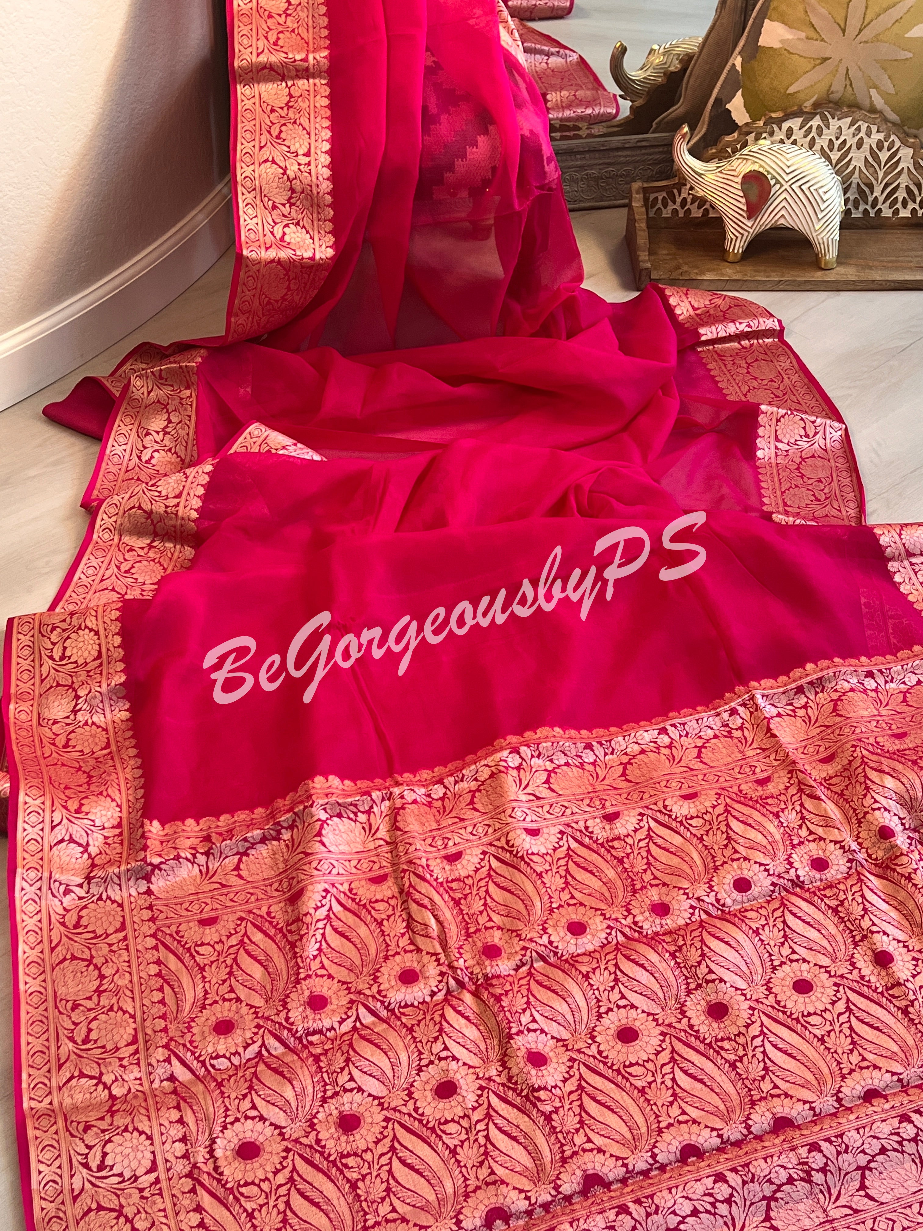 Banarasi Georgette silk plain body weaving pallu & stitched blouse pink