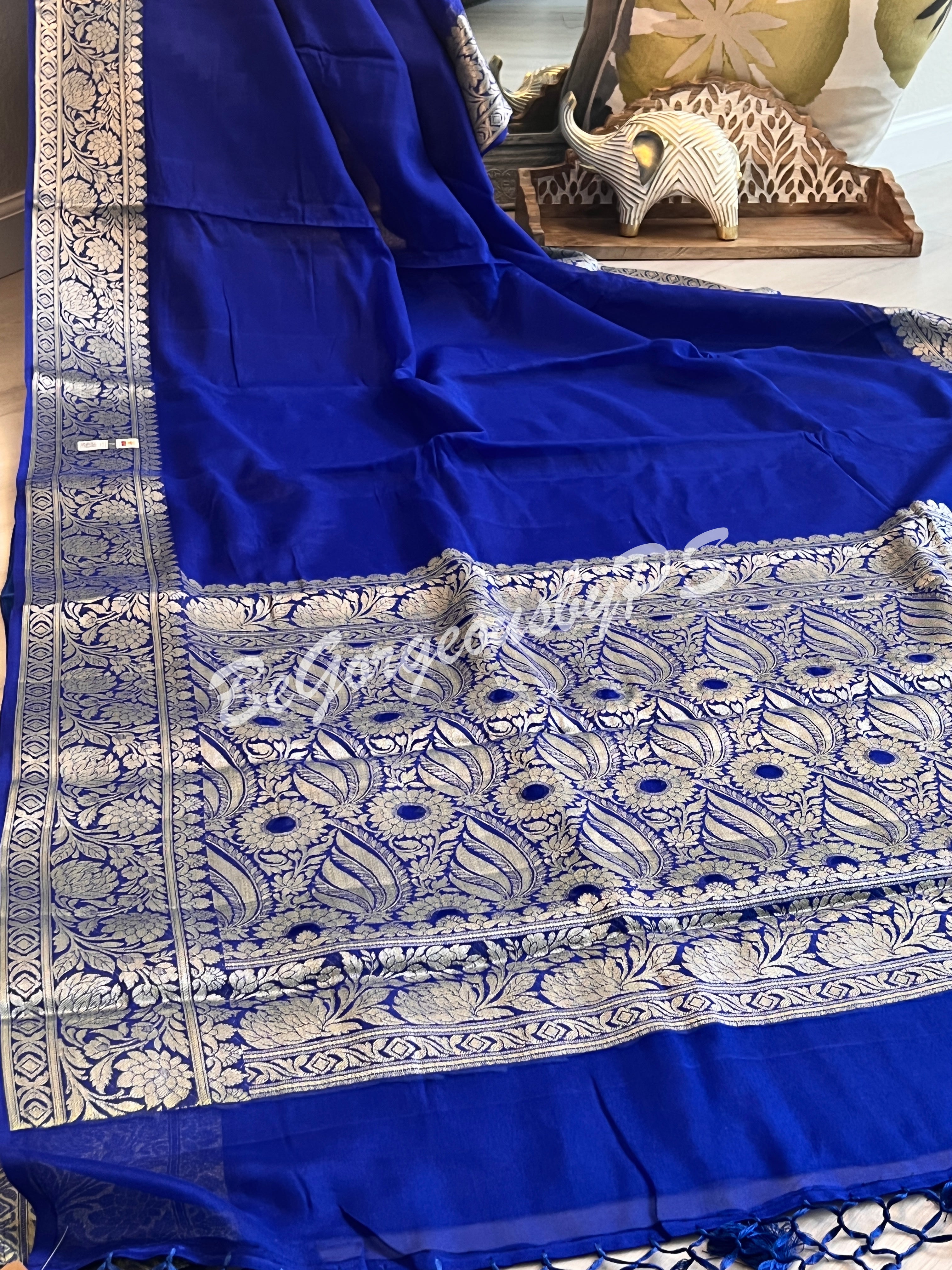 Banarasi Georgette silk plain body weaving pallu & stitched blouse Blue