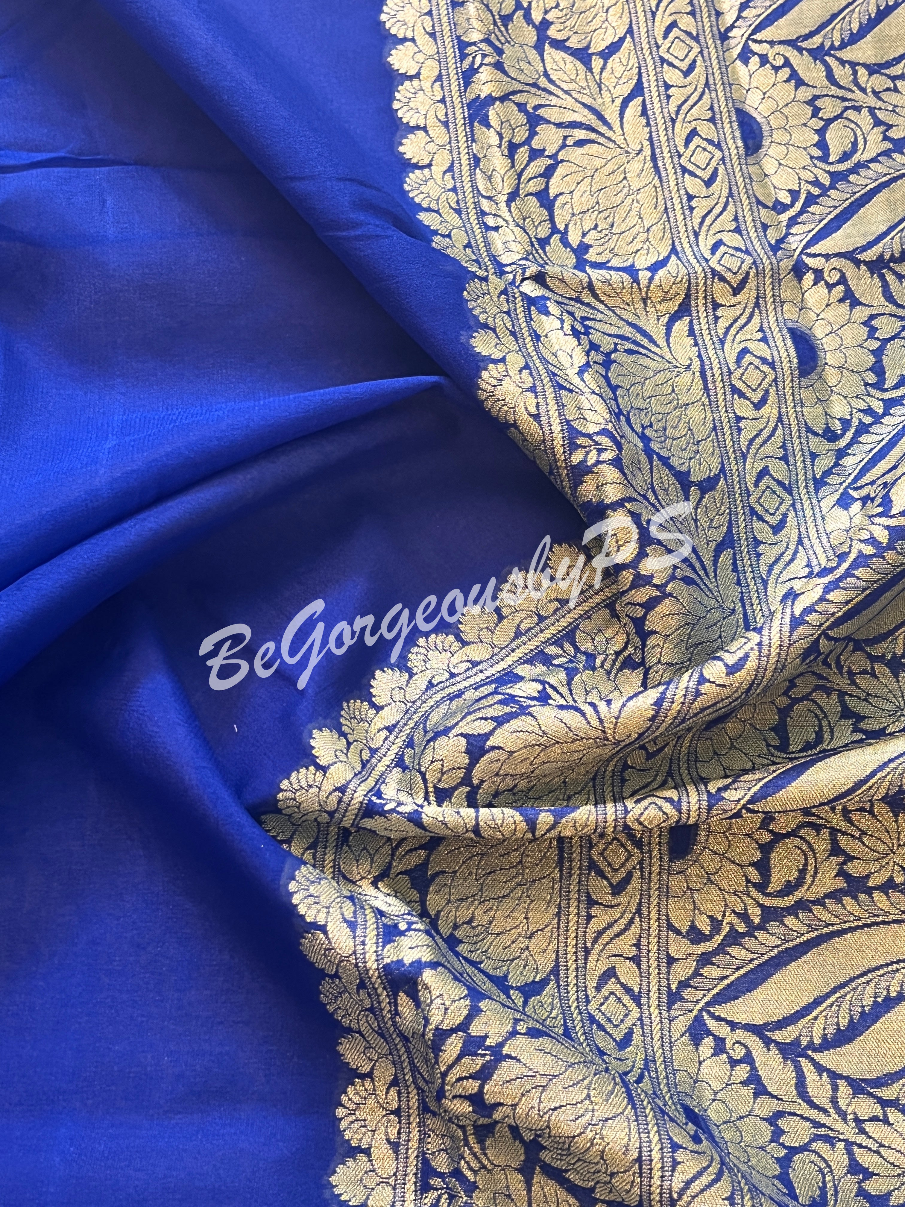 Banarasi Georgette silk plain body weaving pallu & stitched blouse Blue