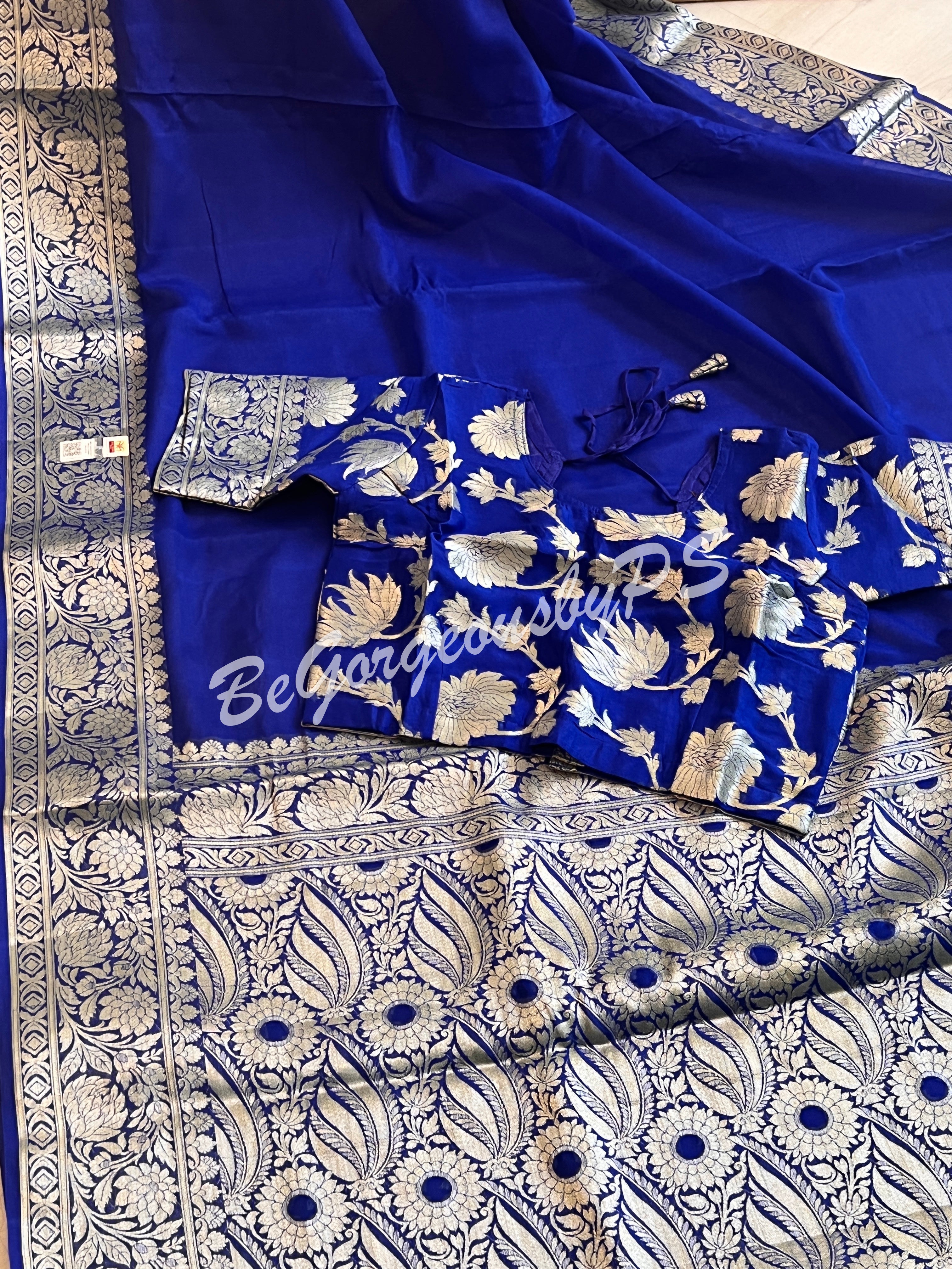 Banarasi Georgette silk plain body weaving pallu & stitched blouse Blue