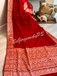 Banarasi Georgette silk plain body weaving pallu & stitched blouse red