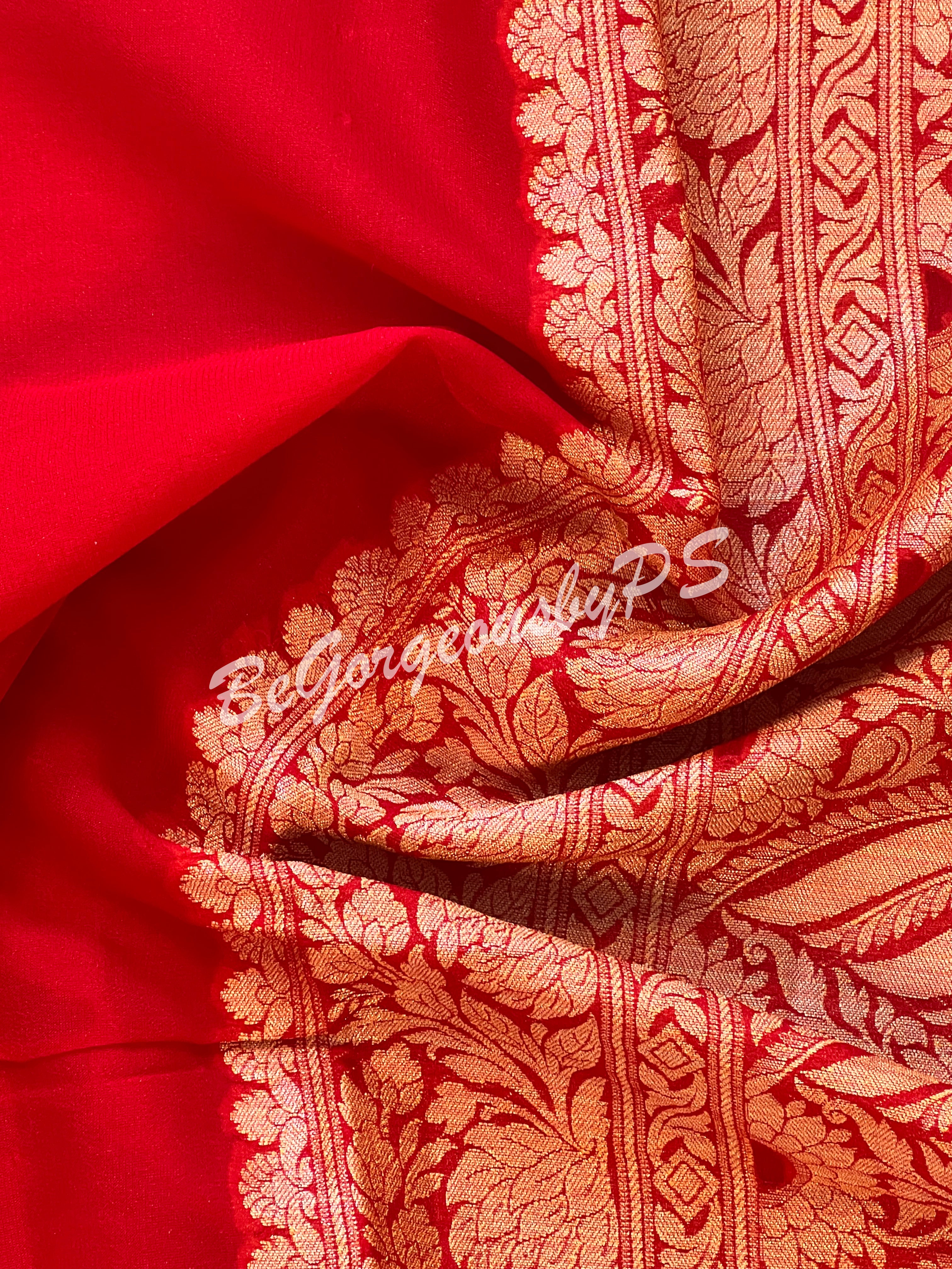 Banarasi Georgette silk plain body weaving pallu & stitched blouse red