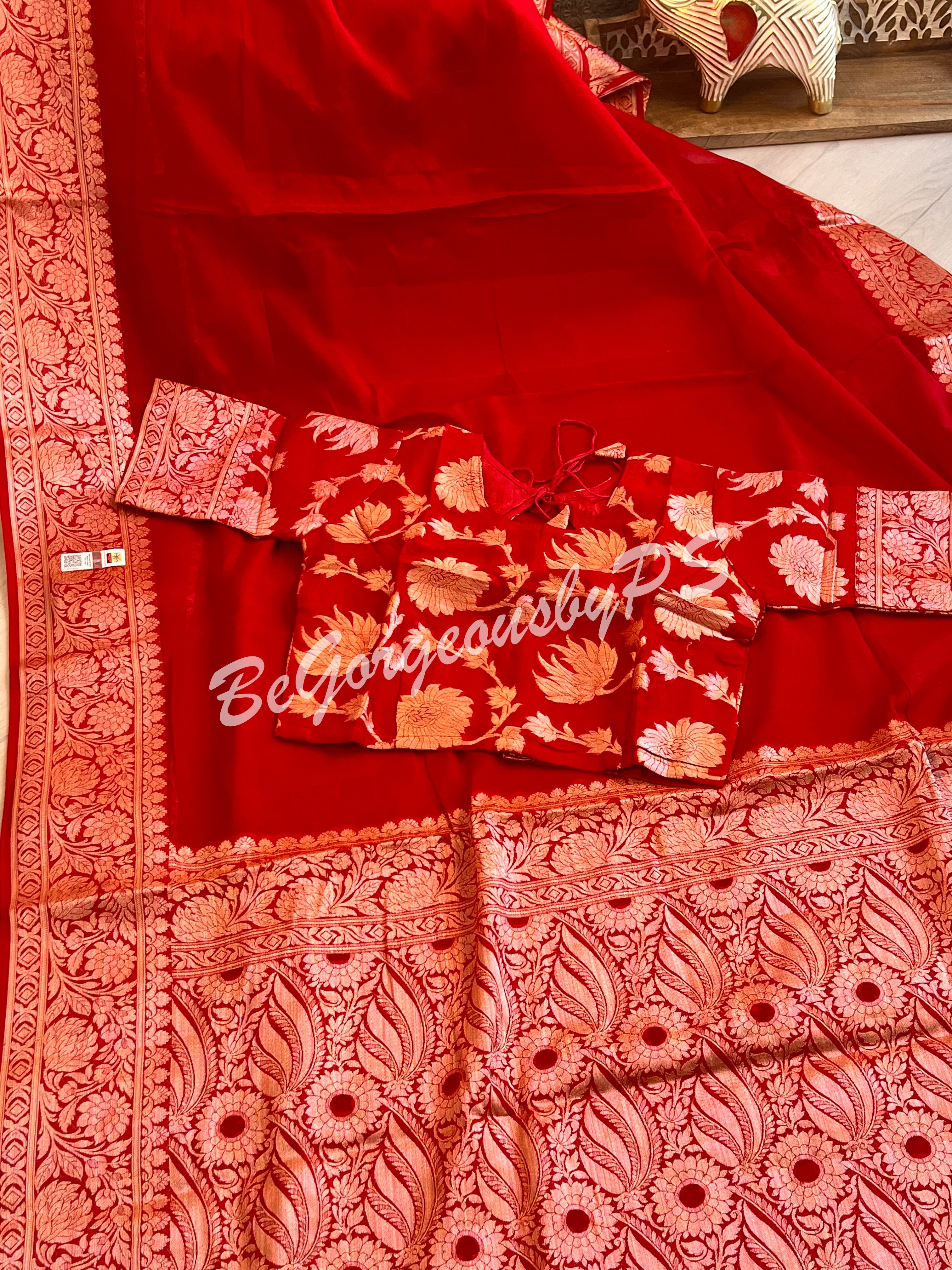 Banarasi Georgette silk plain body weaving pallu & stitched blouse red