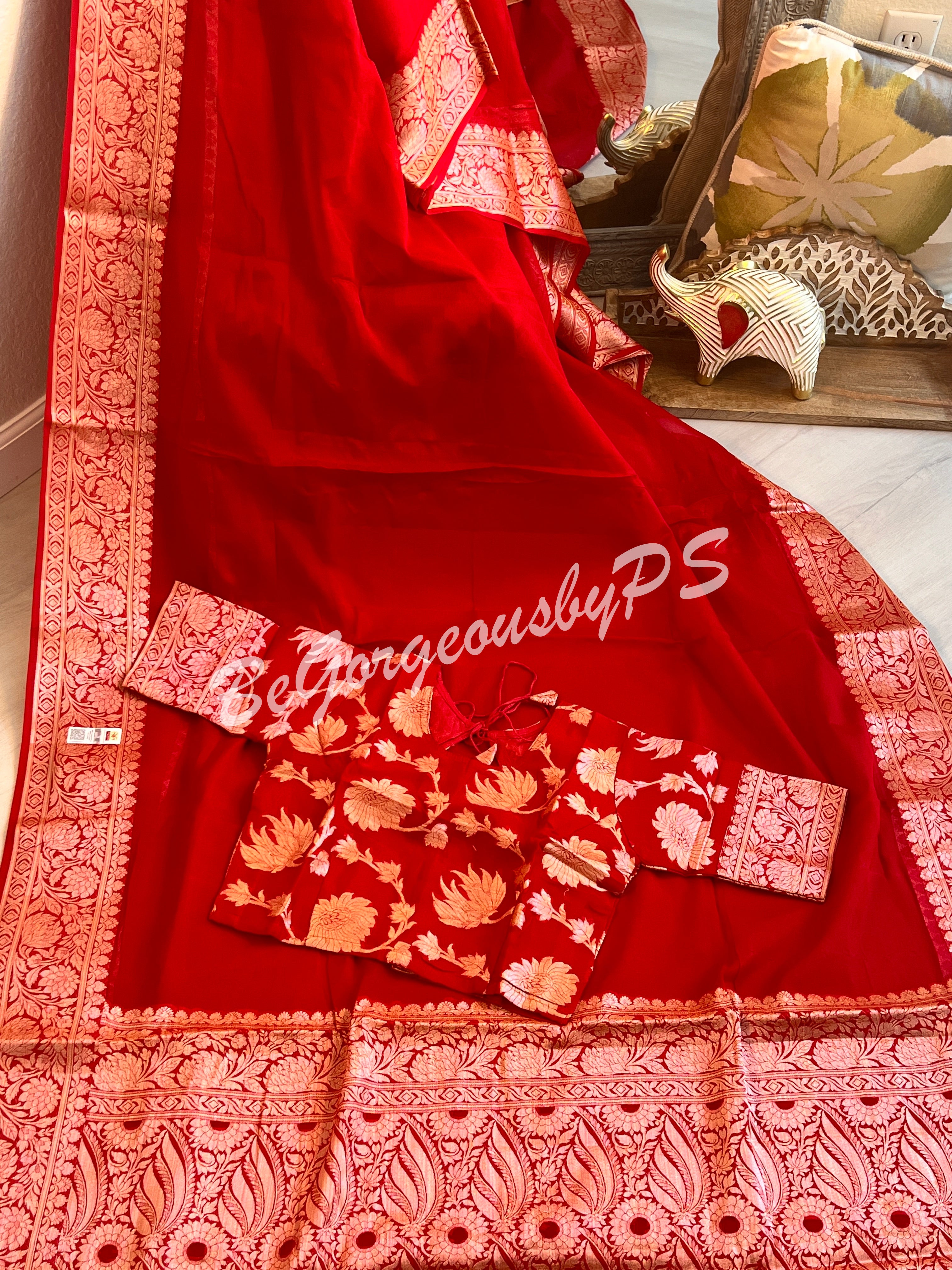 Banarasi Georgette silk plain body weaving pallu & stitched blouse red