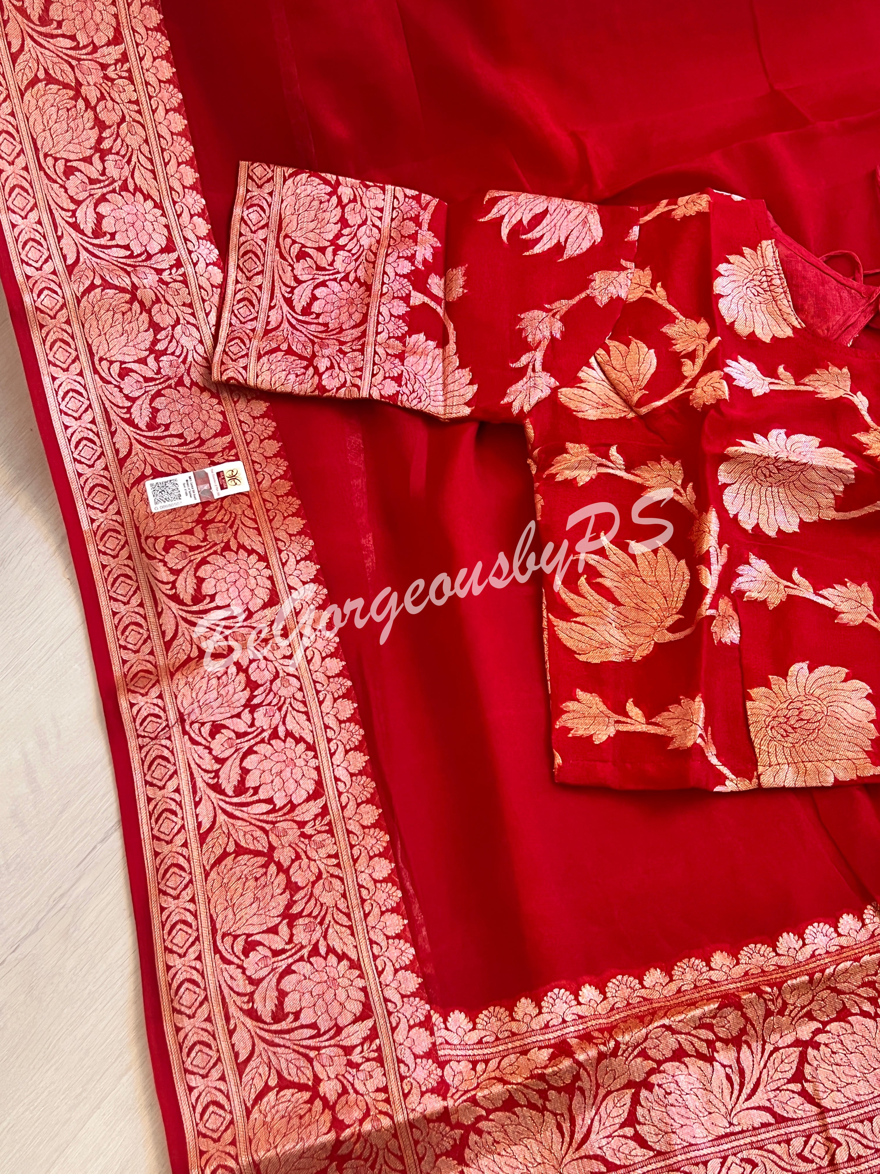 Banarasi Georgette silk plain body weaving pallu & stitched blouse red