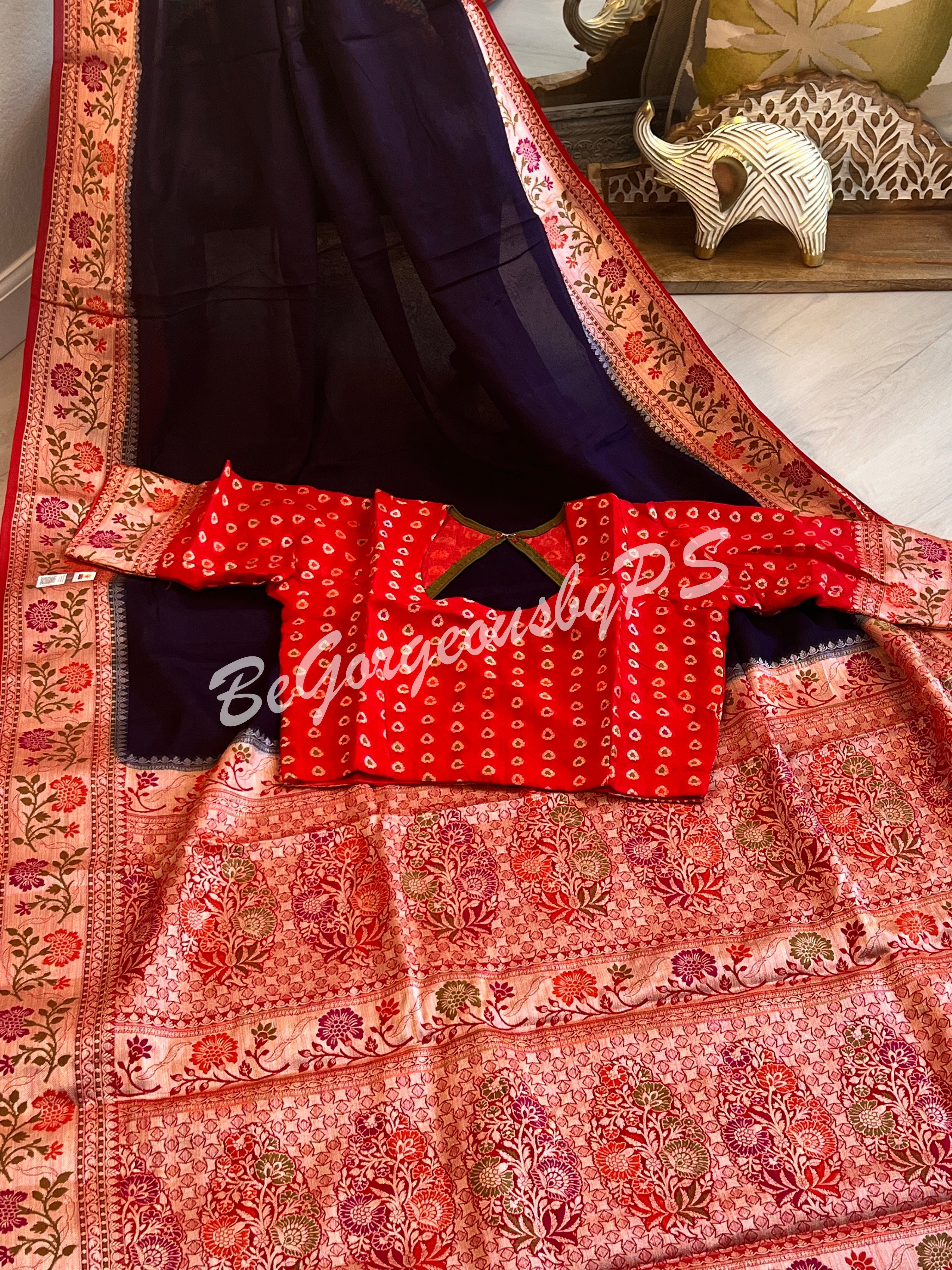 Banarasi Gerogette silk plain body, meenakari weaving pallu and stitched blouse blue