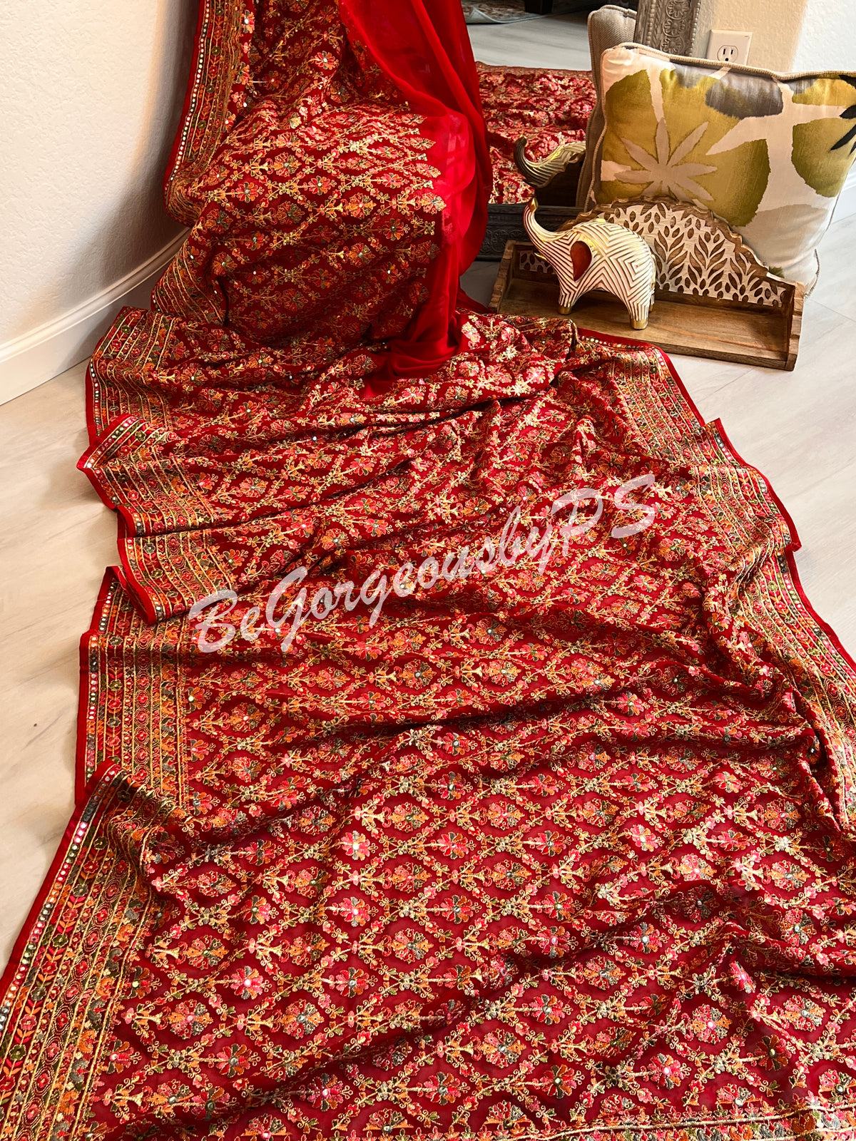 Kashmiri inspired embroidery georgette saree with swarovski work - red