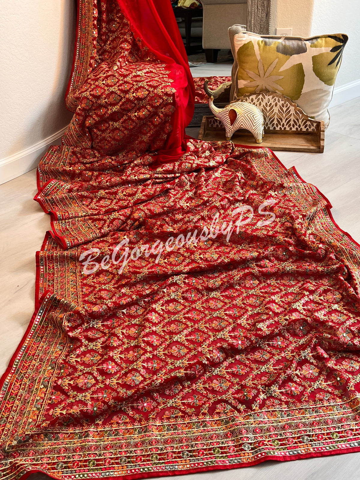 Kashmiri inspired embroidery georgette saree with swarovski work - red