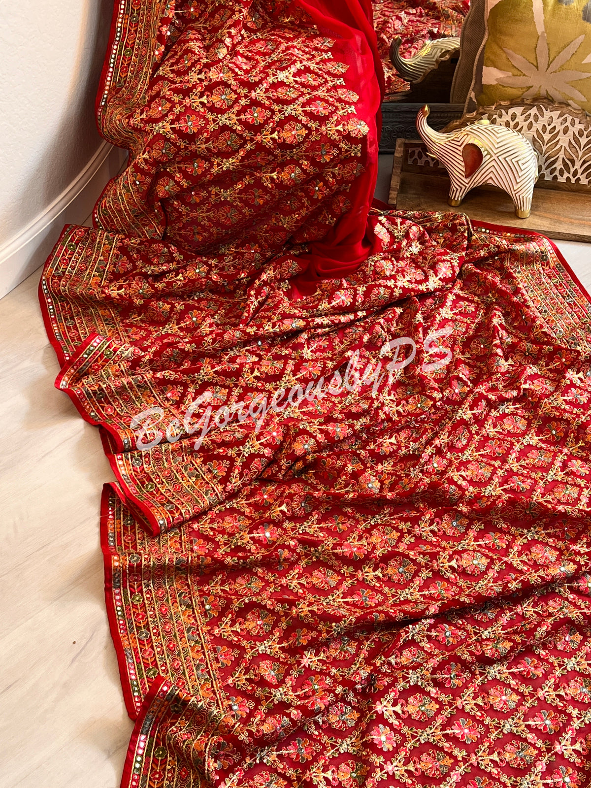 Kashmiri inspired embroidery georgette saree with swarovski work - red