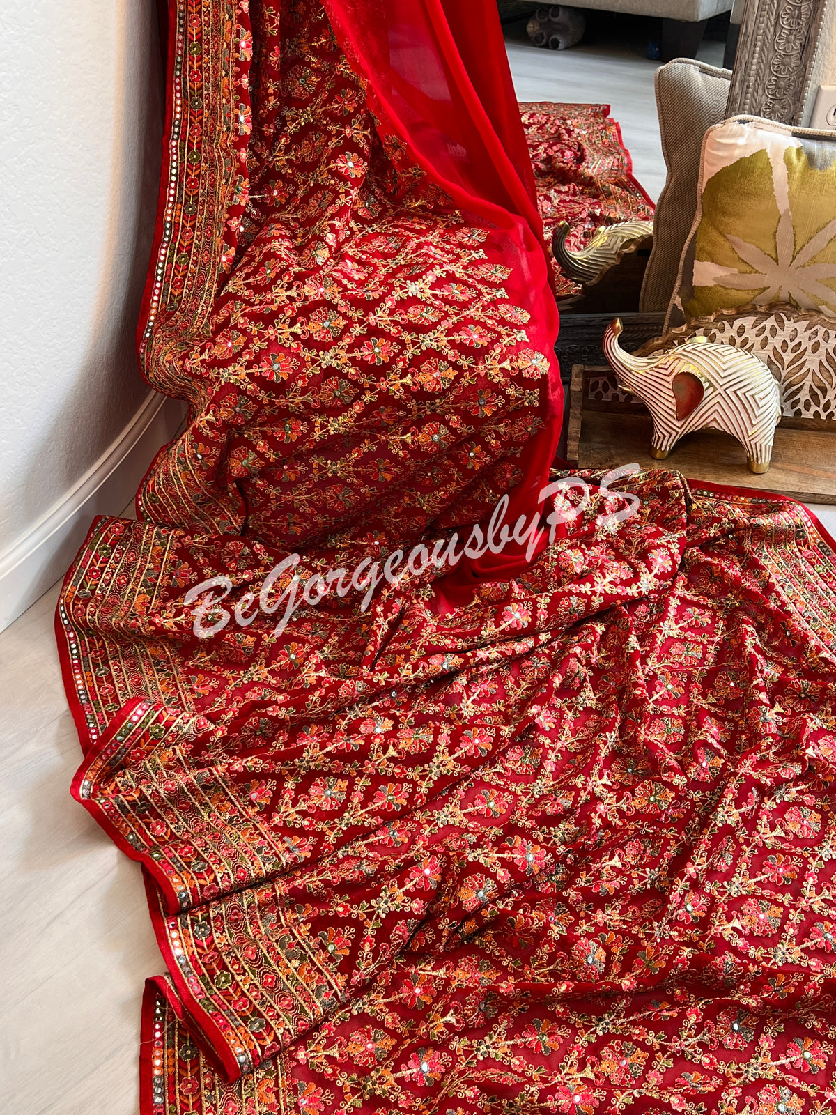 Kashmiri inspired embroidery georgette saree with swarovski work - red