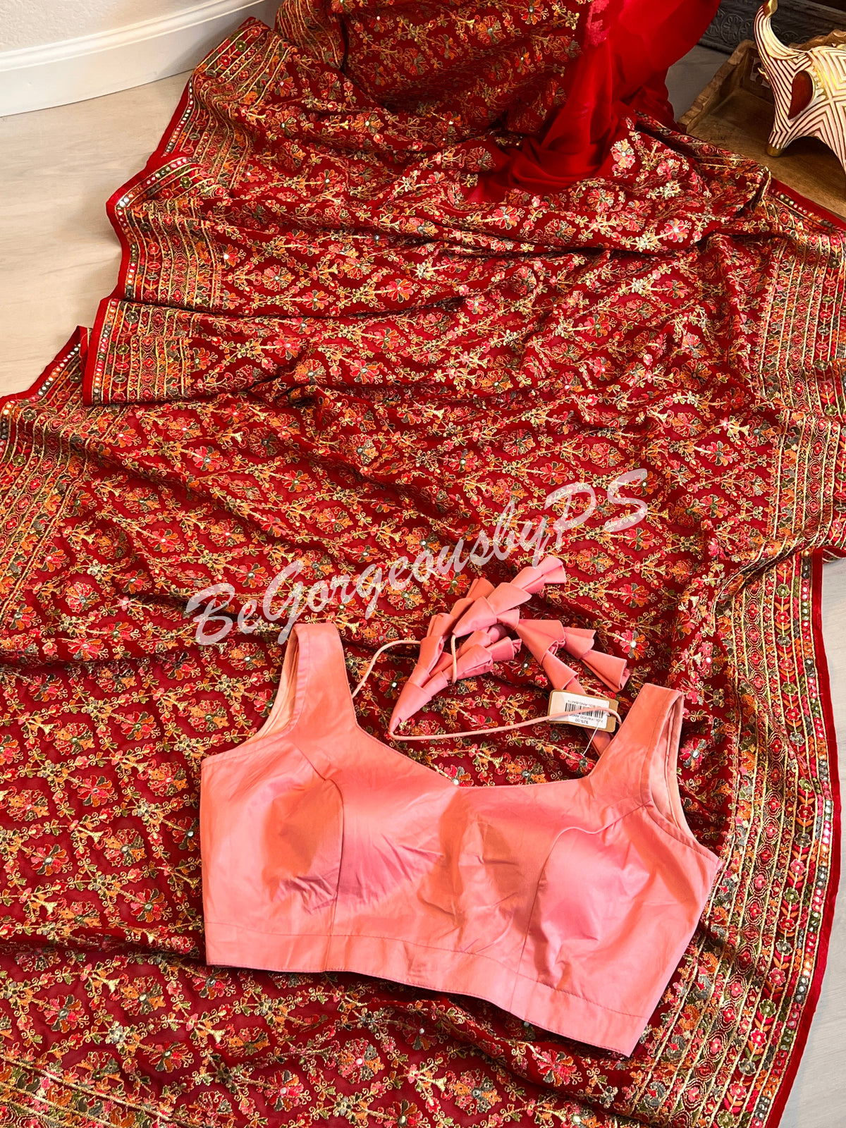 Kashmiri inspired embroidery georgette saree with swarovski work - red