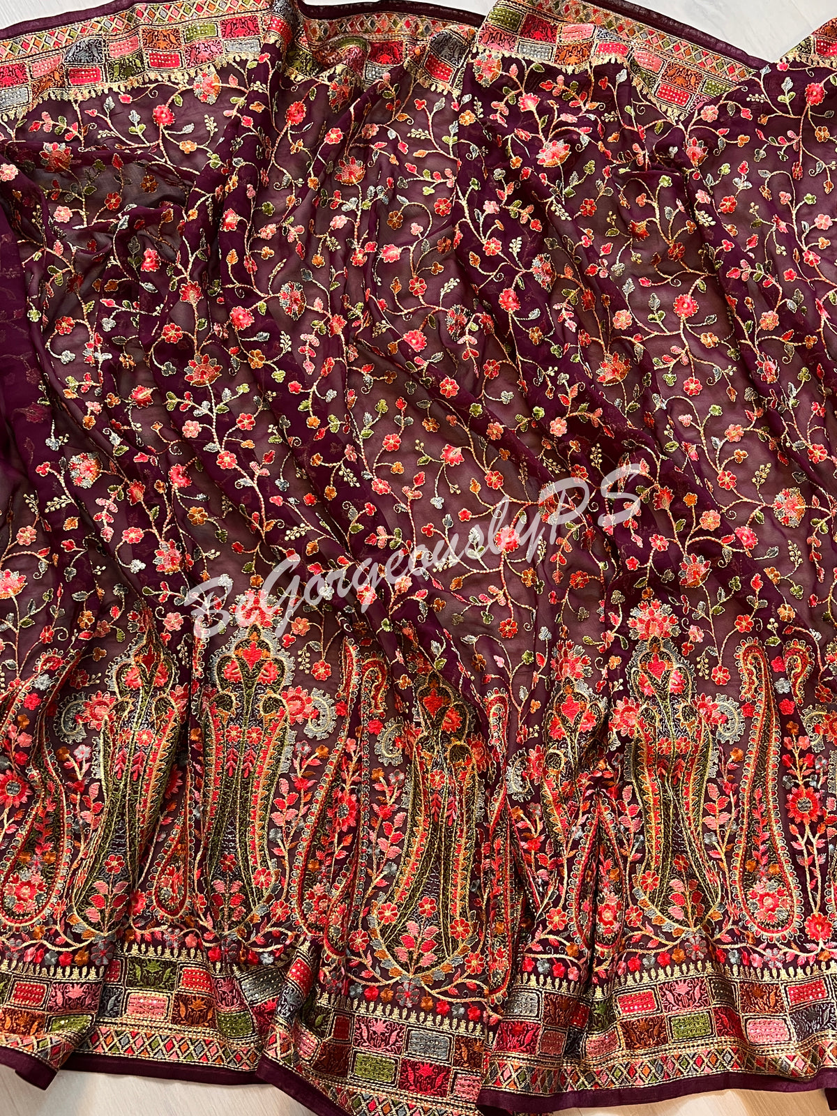 Kashmiri inspired embroidery georgette saree with swarovski work - Purple