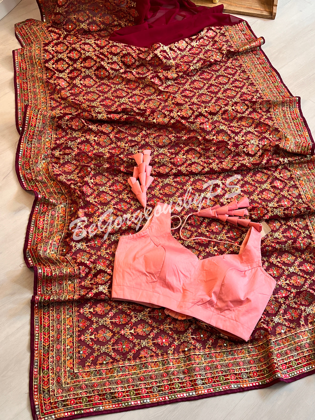 Kashmiri inspired embroidery georgette saree with swarovski work - Wine