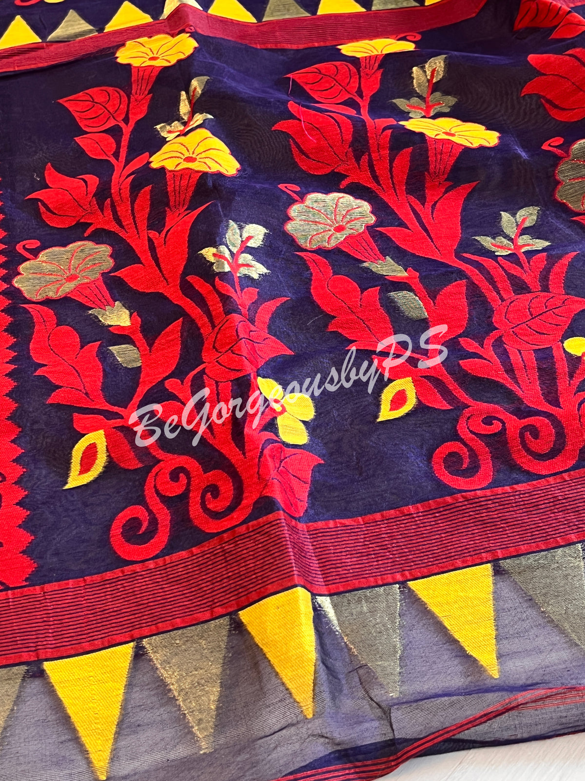 JAMDANI HALF SILK NAVY BLUE SAREE