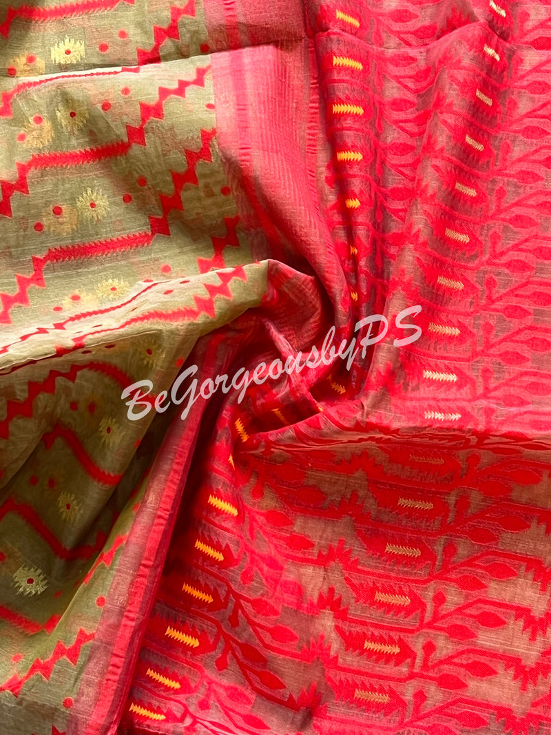 JAMDANI HALF SILK RED WITH LIGHT GREEN SAREE