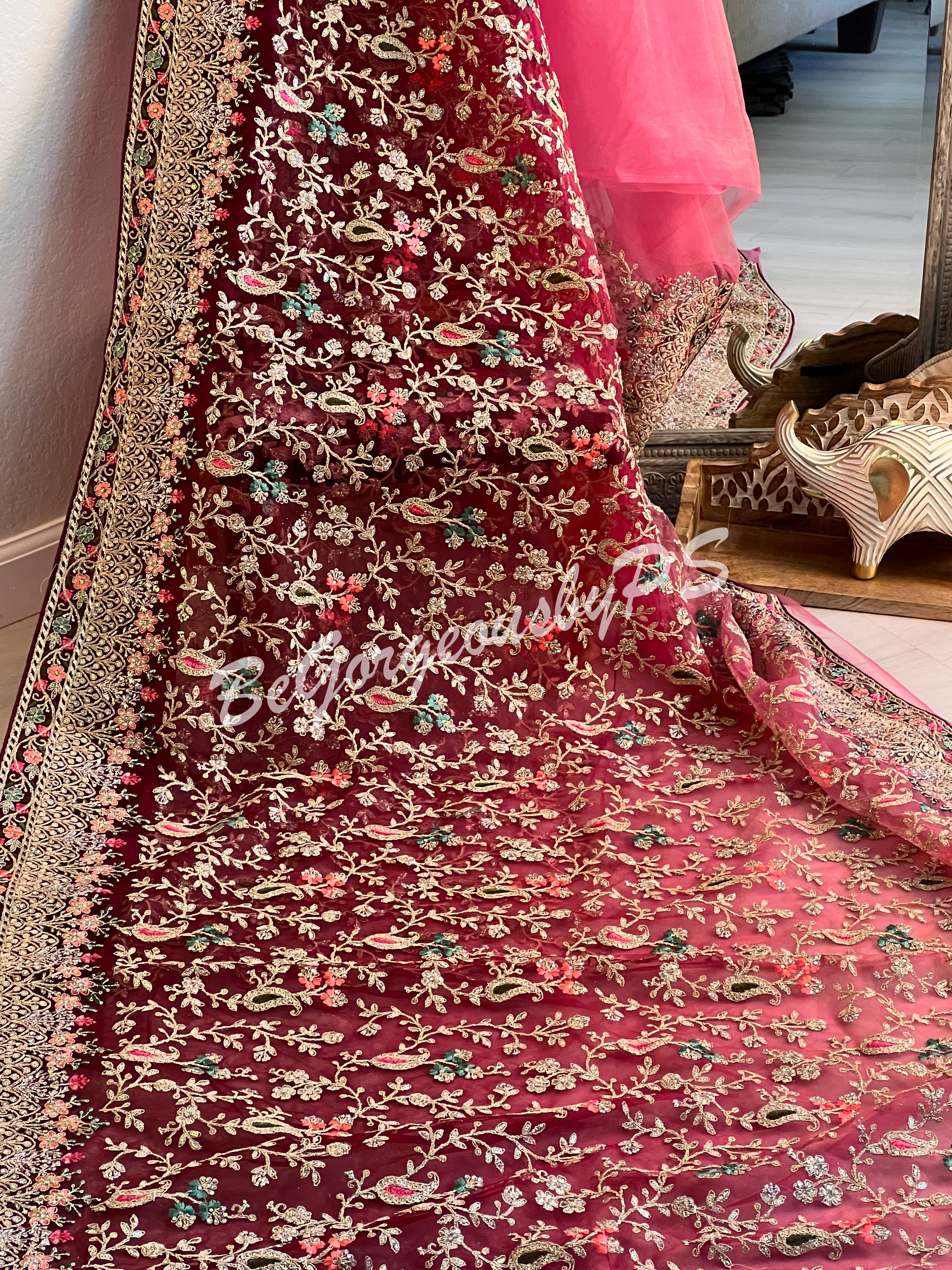 Net Saree with stone work pink