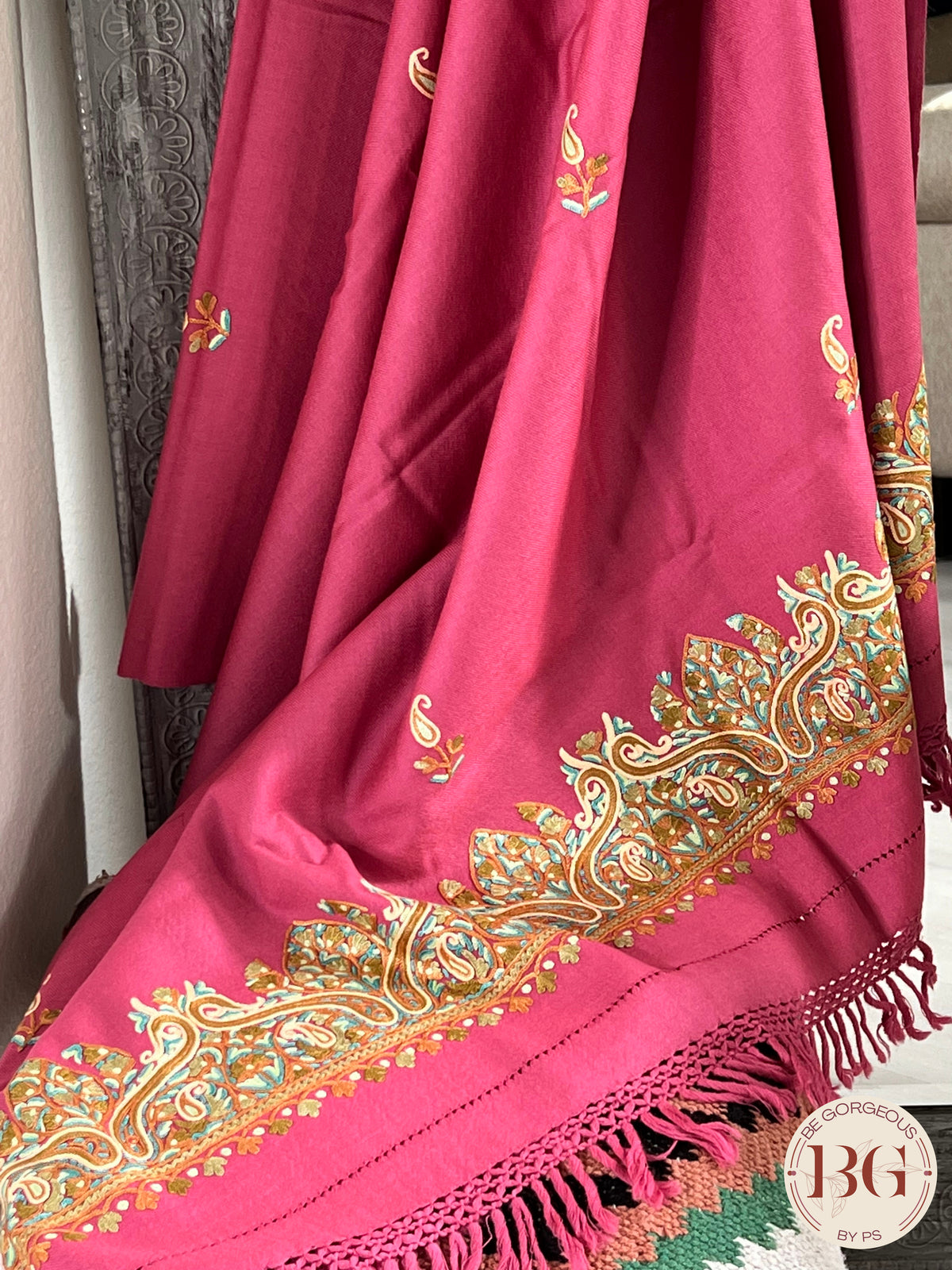 Kashmiri Embroidery Shawl on pure wool pink