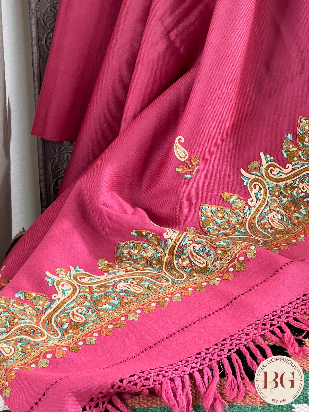 Kashmiri Embroidery Shawl on pure wool pink