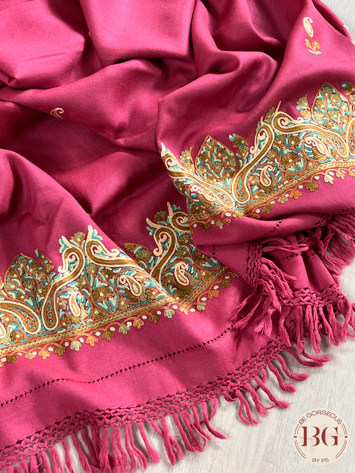 Kashmiri Embroidery Shawl on pure wool pink