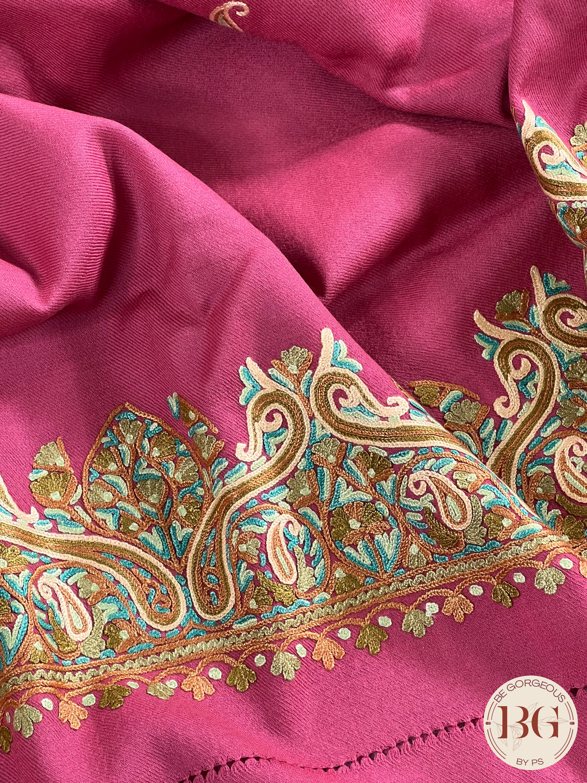 Kashmiri Embroidery Shawl on pure wool pink