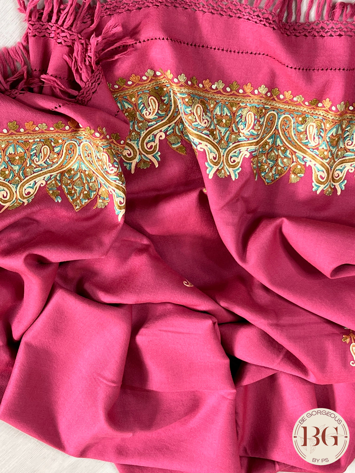 Kashmiri Embroidery Shawl on pure wool pink