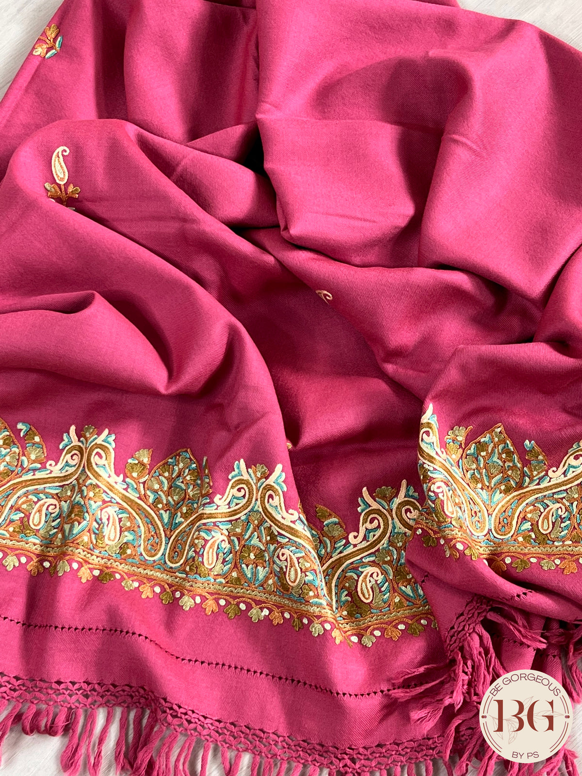 Kashmiri Embroidery Shawl on pure wool pink