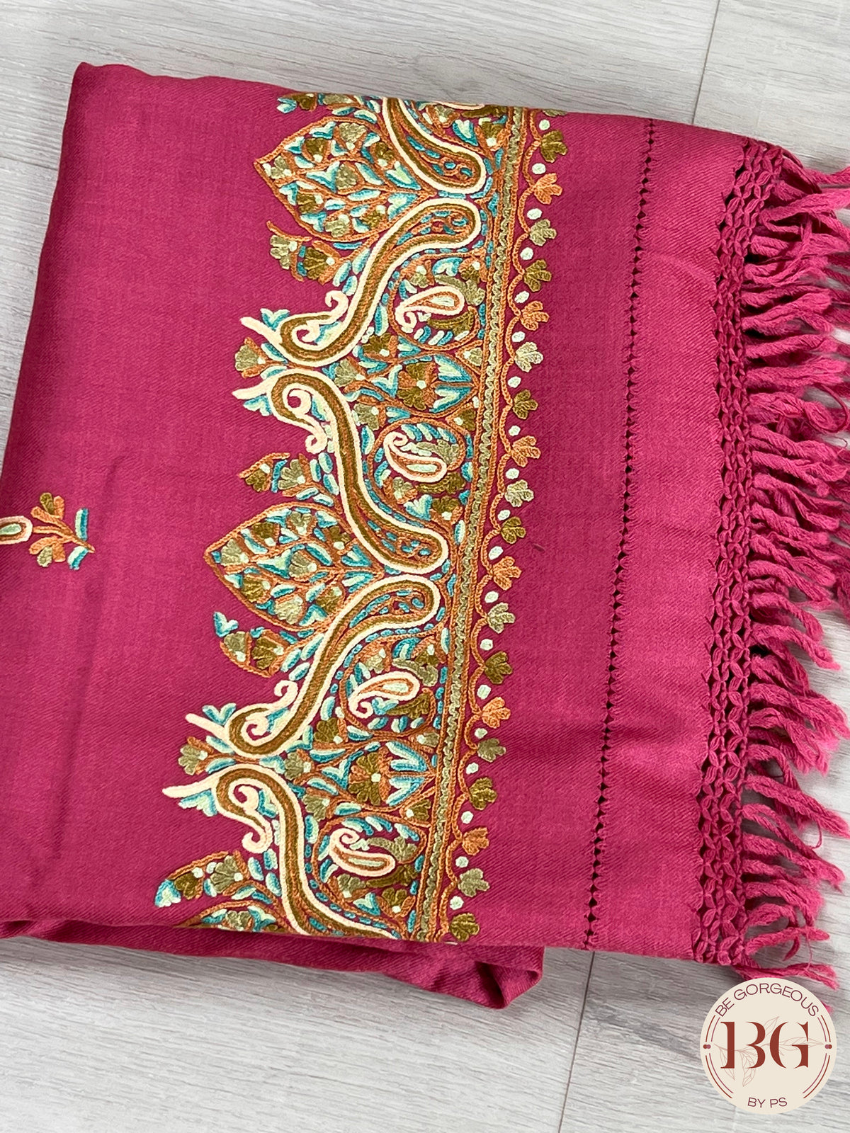 Kashmiri Embroidery Shawl on pure wool pink