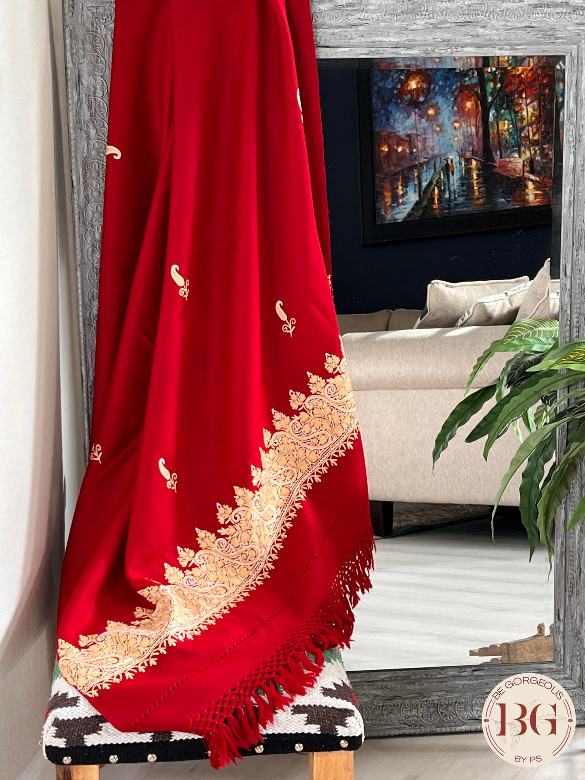 Kashmiri Embroidery Shawl on pure wool red