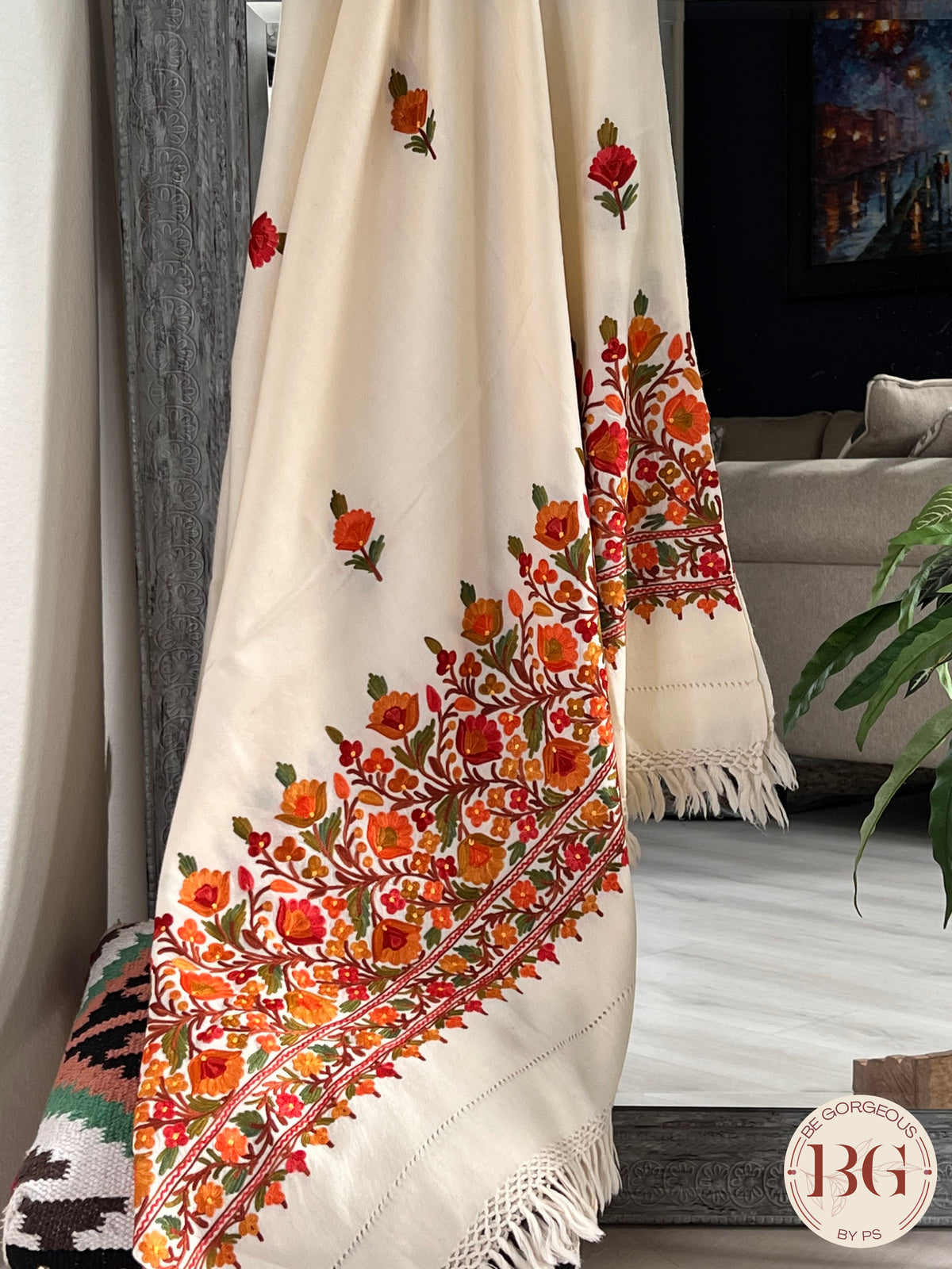 Kashmiri Embroidery Shawl on pure wool cream