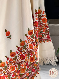 Kashmiri Embroidery Shawl on pure wool cream