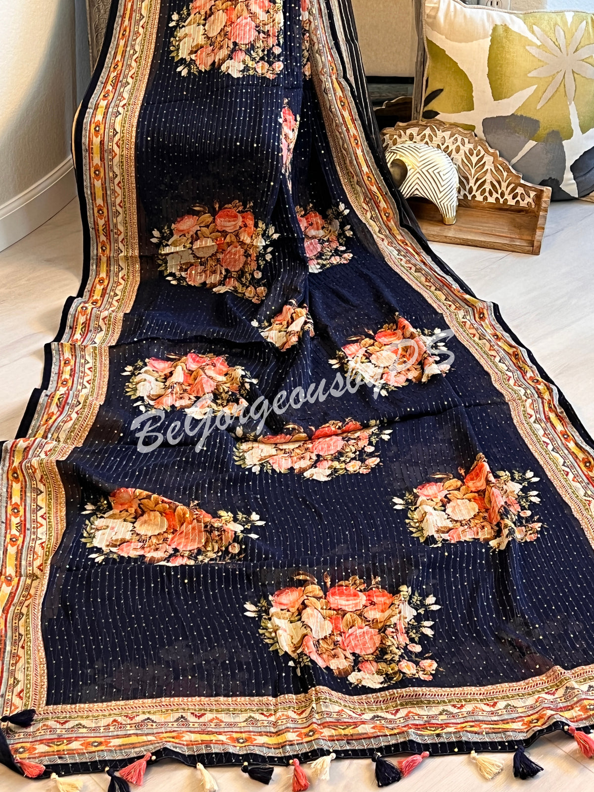 Georgette printed sequin saree dark blue floral