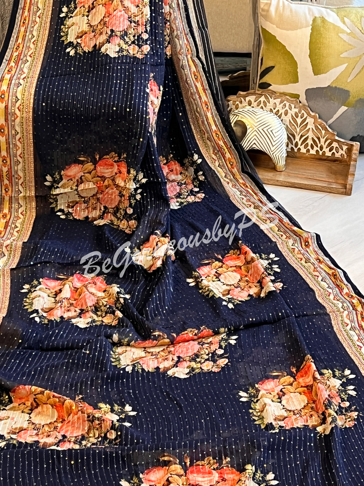 Georgette printed sequin saree dark blue floral