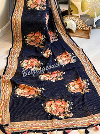 Georgette printed sequin saree dark blue floral