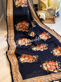 Georgette printed sequin saree dark blue floral