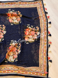 Georgette printed sequin saree dark blue floral