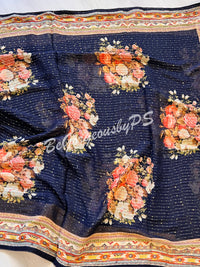 Georgette printed sequin saree dark blue floral