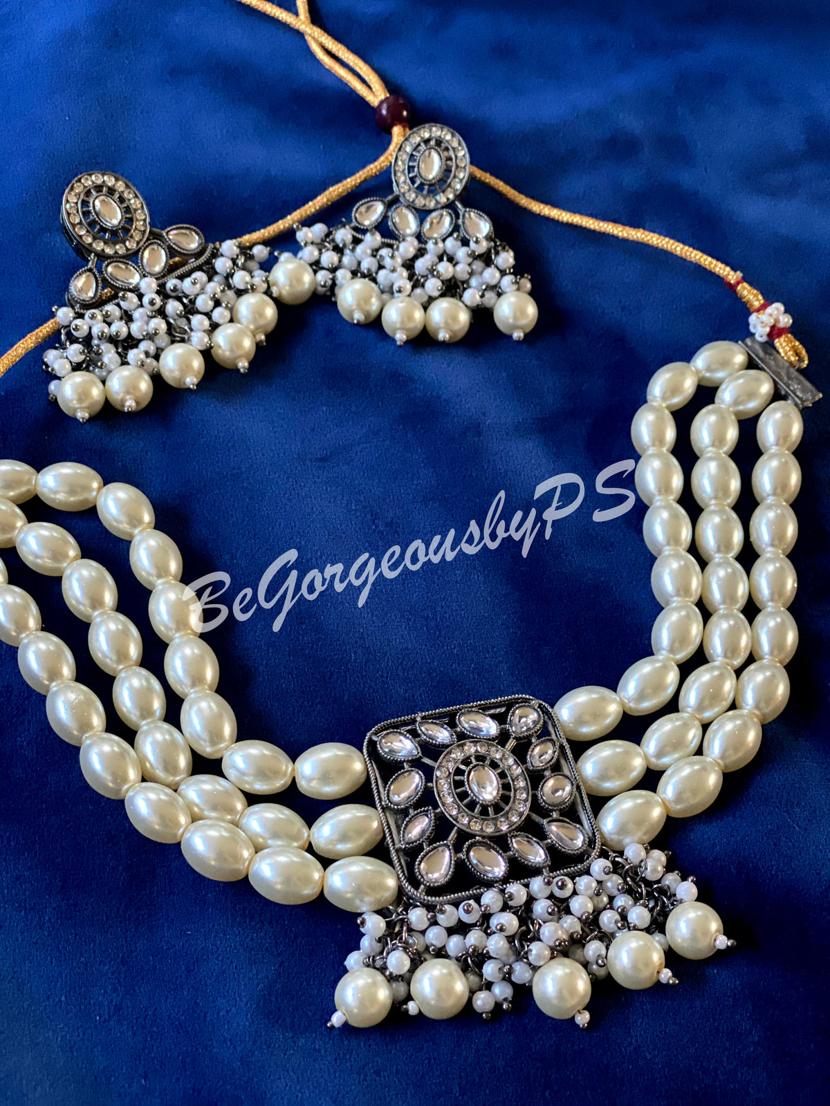 Three Layered Pearls Victorian Choker Necklace Set