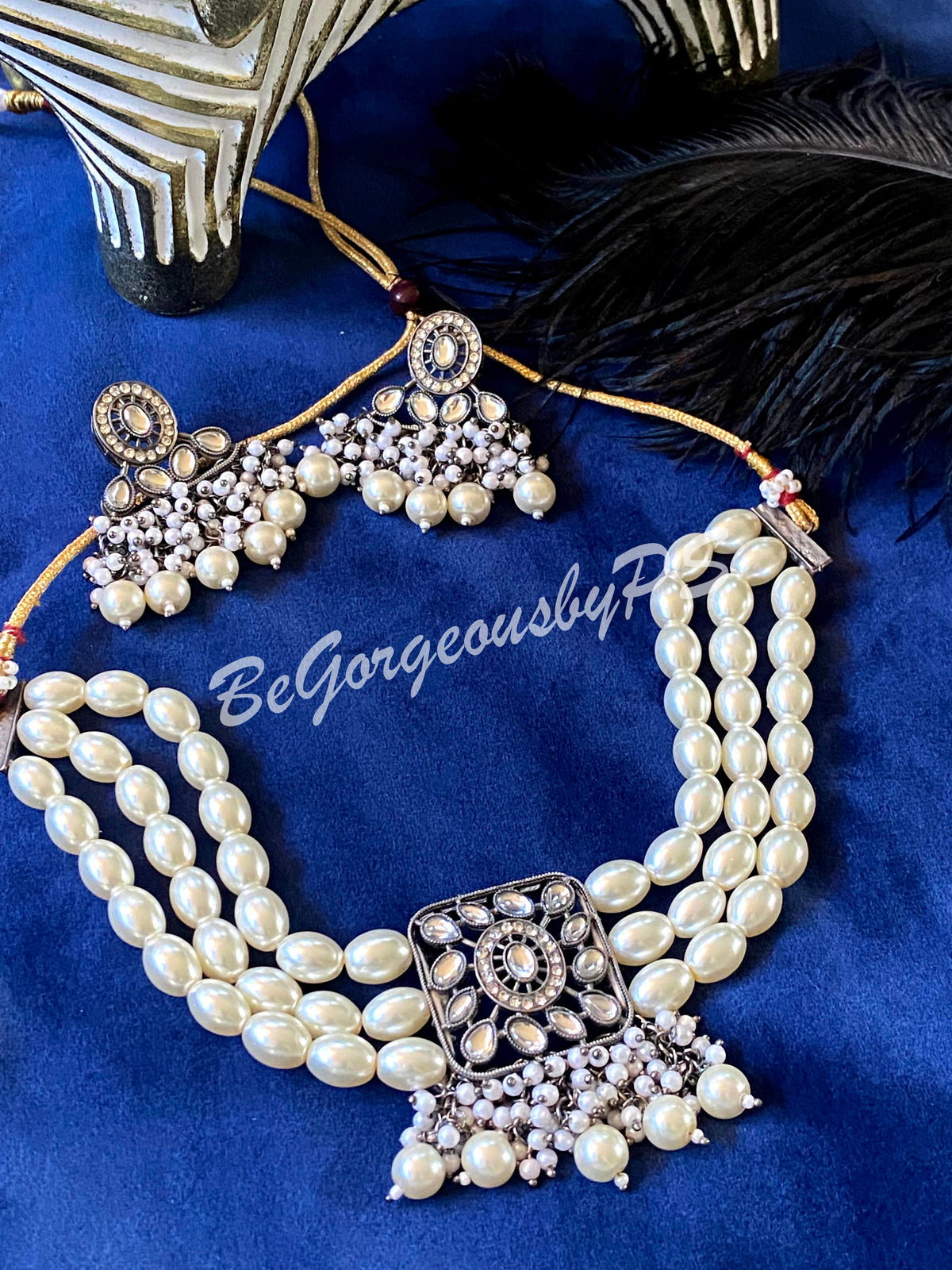 Three Layered Pearls Victorian Choker Necklace Set