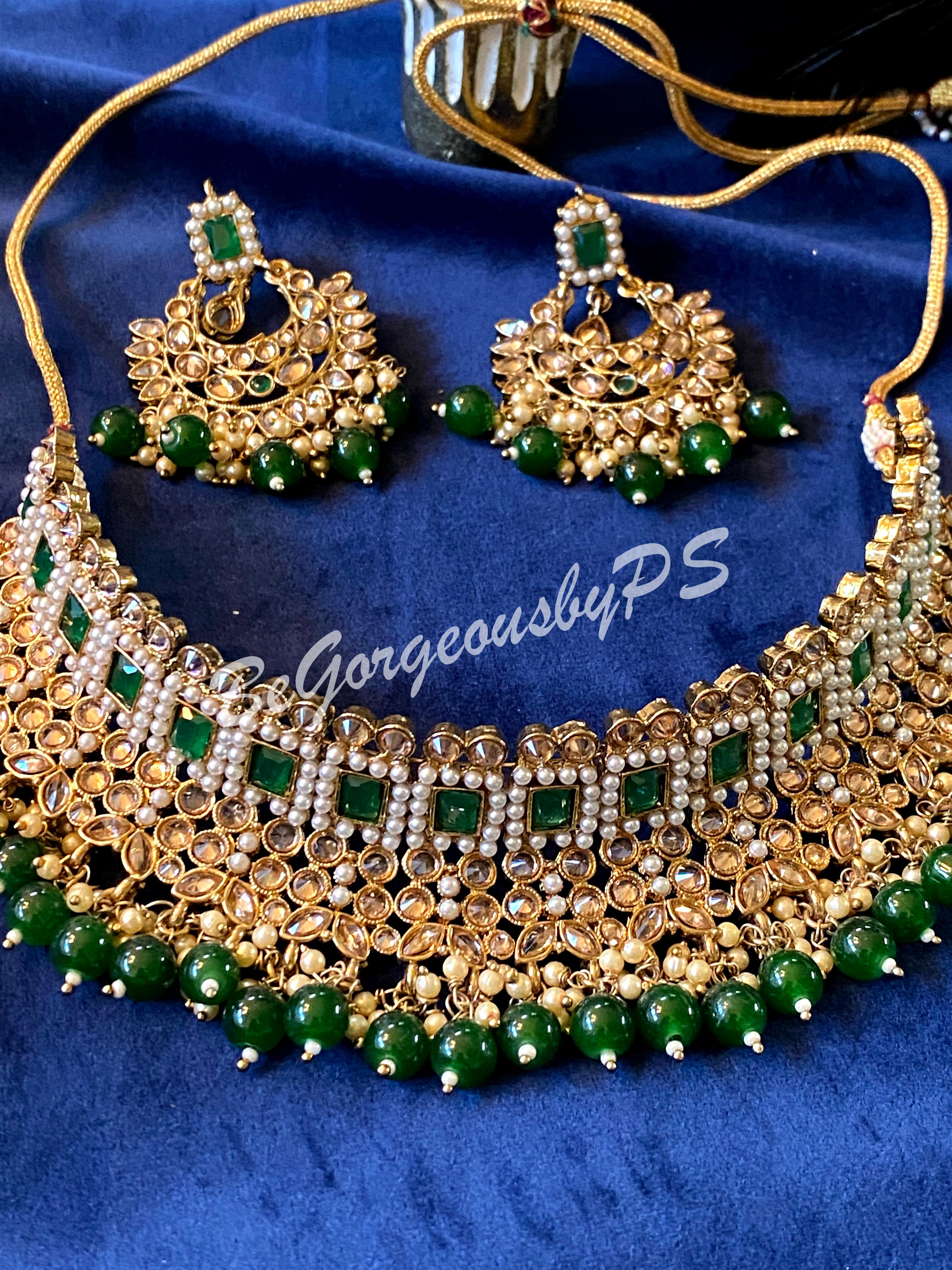 Green Color Kundan Polki Choker Necklace Set with maangtika BeGorgeousByPS