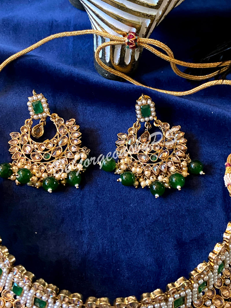 Green Color Kundan Polki Choker Necklace Set with maangtika