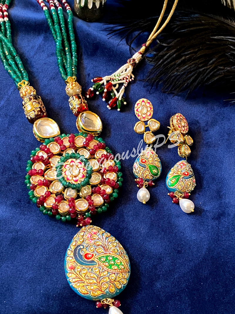 Stone Beaded Meenakari Long necklace pendant set
