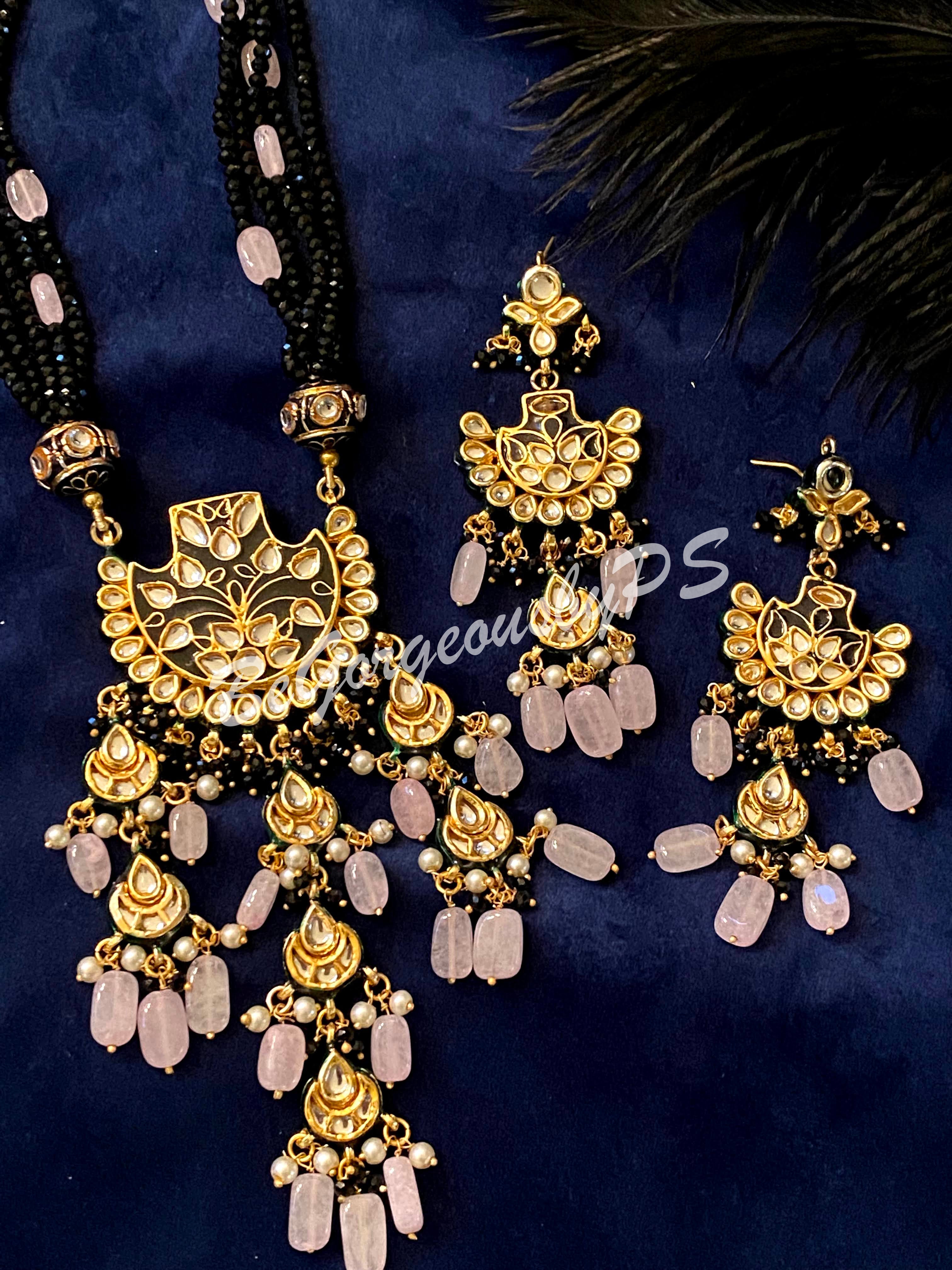 Stone Beaded Meenakari Long necklace pendant set black